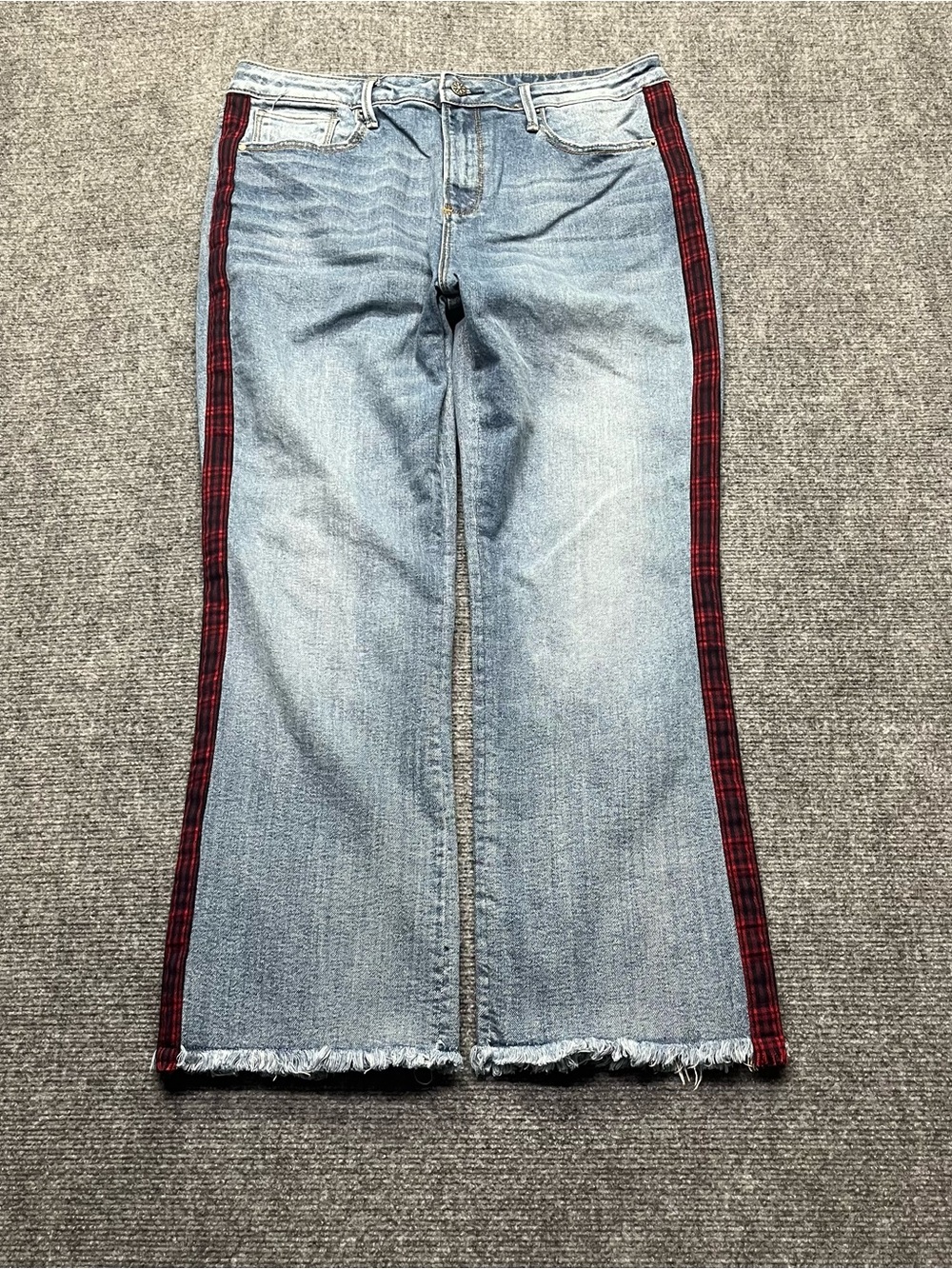 Driftwood Jeans Womens 32 Blue Roxy Bootcut Crop Plaid Side Trim Raw Hem